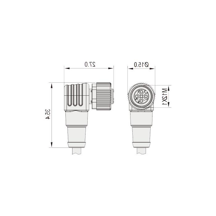 M12 4Pin female 90°, IP 69K-ECOLAB, food grade, single-end pre-cast PVC non-flexible cable, gray sheathed, 64E043-XXX